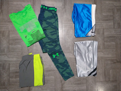 Lot of 5 yth/boy's NIKE & UNDER ARMOUR shorts, base layer pants & tee - XL YOUTH
