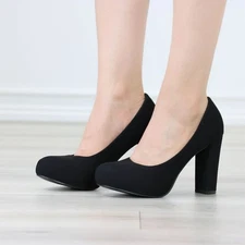 Black Block Heel Pumps Closed Toe Slip On High Heel Classic Style