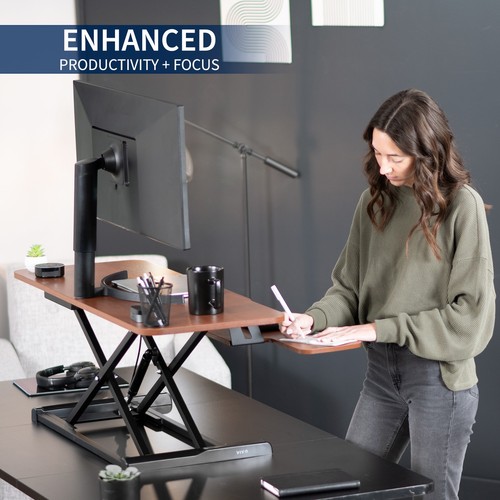 VIVO Dark Walnut / Black Height Adjustable 38" Standing Desk Monitor Riser - 第 4/8 張圖片