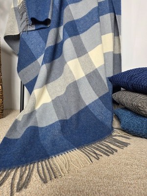 Wolldecke 100% Schurwolle Wohndecke Plaid 140x200cm Tirol-Q Blau-Hellblau