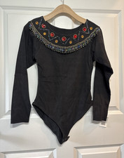 Vintage Instant Addition Black Embellished Beaded Gemstone Long Sleeve Bodysuit
