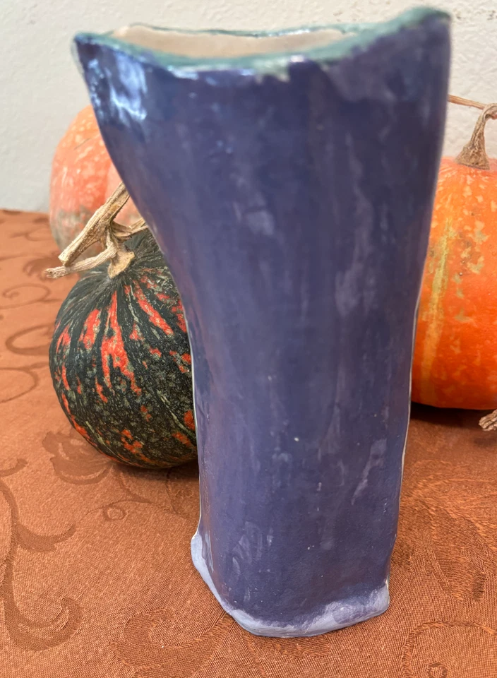 Jarrón facial de cerámica cerámica formado a mano de cerámica, firmado, verde y azul maceta de 8,5 pulgadas Foto 2 de 4