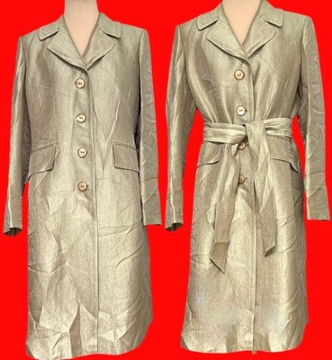 KASPER vintage 6P gold metallic trench 78% rayon tie belt buttons pockets collar
