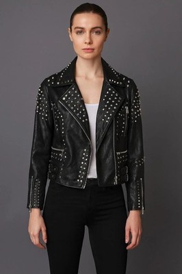 Women Black Studded Real Leather Biker Jacket Punk Rock Motorcycle Fashion Style