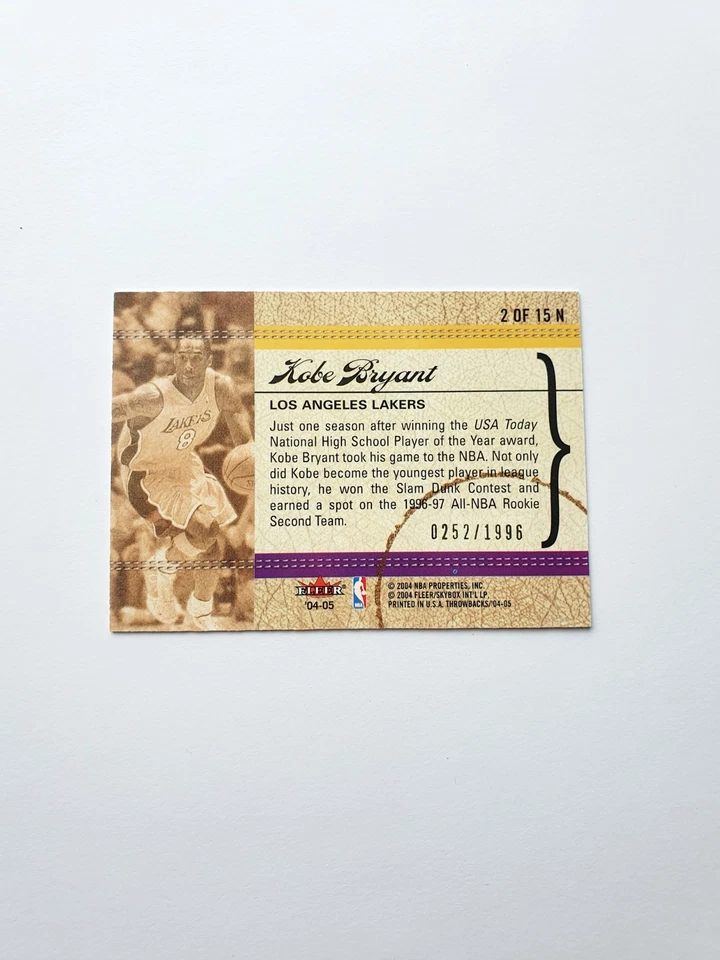 KOBE BRYANT 2004-05 Fleer THROWBACKS NOSTALGIA #2N /1996 - NBA Card Lakers HOF - Image 4 of 4