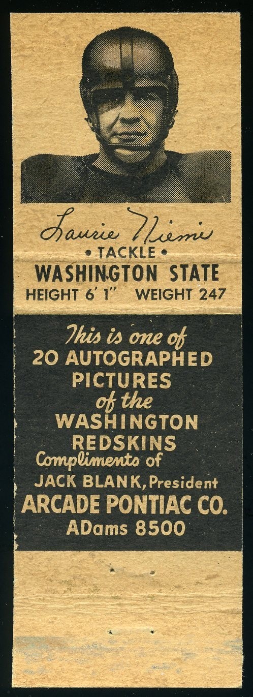 1951-52 Universal Arcade Pontiac Redskins Football Matchbook Laurie Niemi *d2