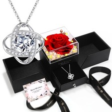 Eternal Preserved Red Rose with Necklace Gift Box Romantic Real Flower for Wo...