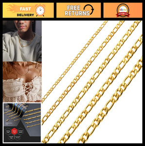 Authentic 24K Gold Plated Figaro Chain Necklace for Men & Women - Stainless Steel Jewelry