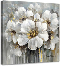 Bathroom Flowers Canvas Wall Art White Floral Pictures with Gold for Gray Bed...