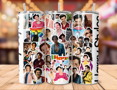 'HARRY STYLES COLLAGE' 600ML (20OZ) EDELSTAHL GLÄNZEND THERMOBECHER MIT STROHHALM.