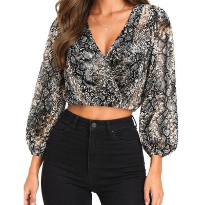 Alice + Olivia Luba Silk Blend Blouse Womens S Snake Print Burnout Wrap Crop Top