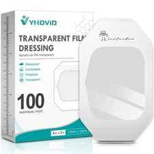100 Packs Transparent Film Dressing 4" x 4.75" - Waterproof Bandages for Swim...