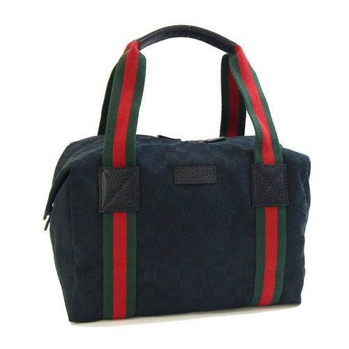 Gucci Handbag Sherry Line 235135 Black Canvas Leather Used Mini Boston Bag GG Lo