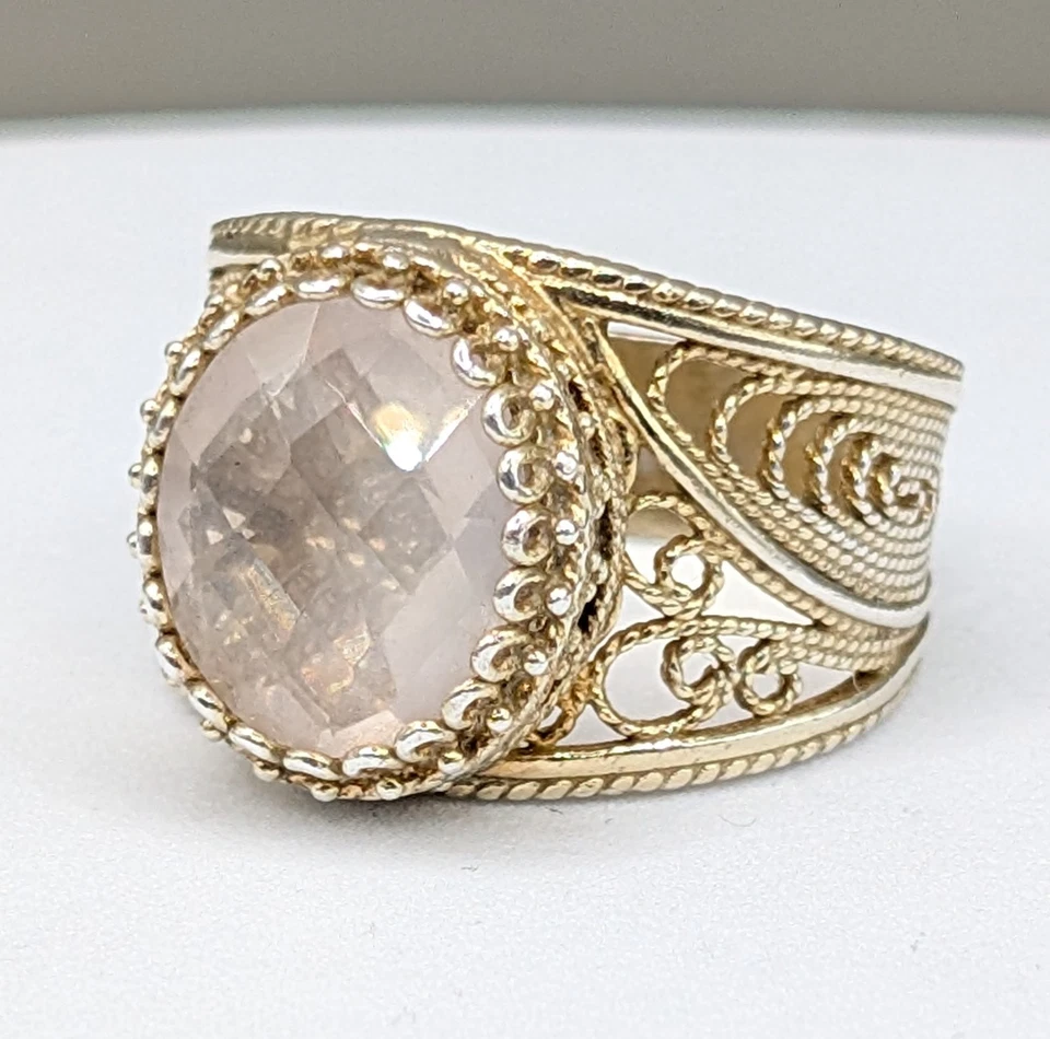 QVC 925 Sterling Silver Gold Plated Rose Quartz Filigree Gemstone Ring  - Image 3 of 4