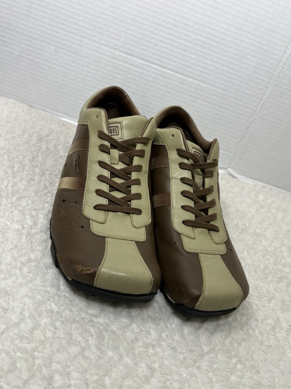 Vtg Diesel Evelyn Men’s 12 Cream Brown Leather Lace Trendy Square Toe Sneaker.