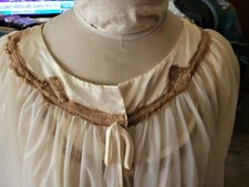 VTG 1960s Sheer Cream Chiffon Lace 2 pc Long Nightgown Negligee