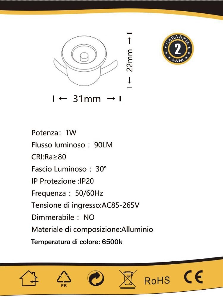 Faretto LED Mini Incasso 1W - Luce Bianca, Calda, Naturale O Colorata (Blu, Rosso, Verde), 220V, Per Vetrine E Decorazioni - Foto 8