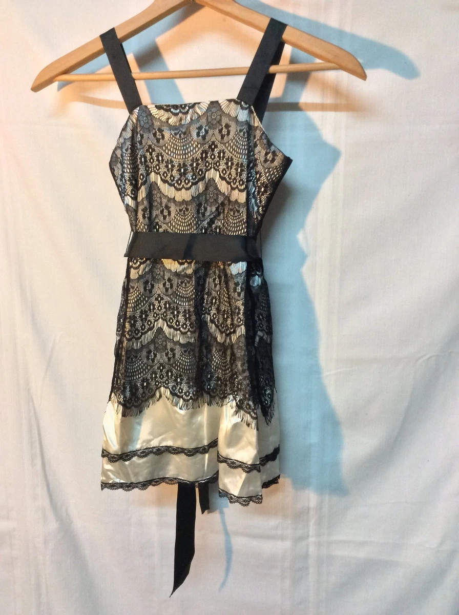 NWT Le Pink Chateau Lace Ivory Black Satin Dress Girls 7 XS