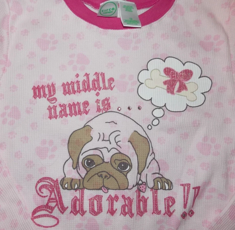 NUEVO NUEVO CON ETIQUETAS Y2K 2005 Circo Adorable Pug Perro Rosa 2 Piezas Conjunto de Pijama Térmico Niña 12 Foto 2 de 4