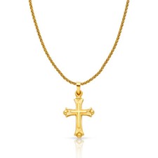 14K Yellow Gold Cross Charm Pendant with 1.1mm Wheat Chain Necklace