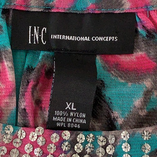 INC Women's XL Pink Teal Floral Print Batwing Sleeve Square Neck Pullover Blouse - Picture 2 of 8