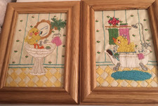 Set of 2 Baby Duck Ducklings Embroidered Bath Time Nursery Wood Framed Art