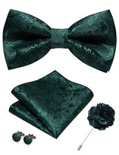 Emerald Green Paisley Bow Tie Pre-tied Bowtie and Pocket Square Cufflinks Lap...