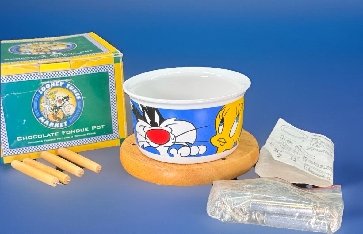 Looney Tunes Market Chocolate Fondue Pot & 4 Dipping Forks Vintage Bugs Taz