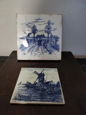 Antique American Encaustic Tile (1) & Antique Delftware Tile (1) Windmill