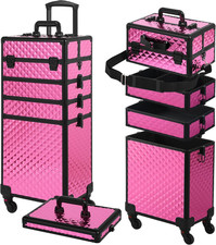 Rolling Makeup Case, Makeup Train Case with Lid, 5 in 1 Cosmetology Case on Whee