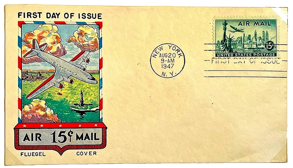 🚩1947 15c Airmail #C35 NEW YORK🏙️Skyline First Day Cover -💥 Fluegel Cachet💥 - Image 2 of 3