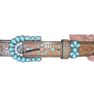 Topacc PU Leather Western Belt w/ Turquoise Floral Tooling Beaded Buckle TOPACC Western Turquoise Belts - Turquoise Flower Belt  main image 3
