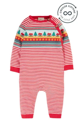 Frugi Unisex roter Strampler - Lumi Strickstrampler - Fairisle Weihnachten Streifen