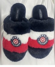 Tommy Hilfiger Slippers Women M 7/8 Fuzzy Slide House Shoes Red Blue