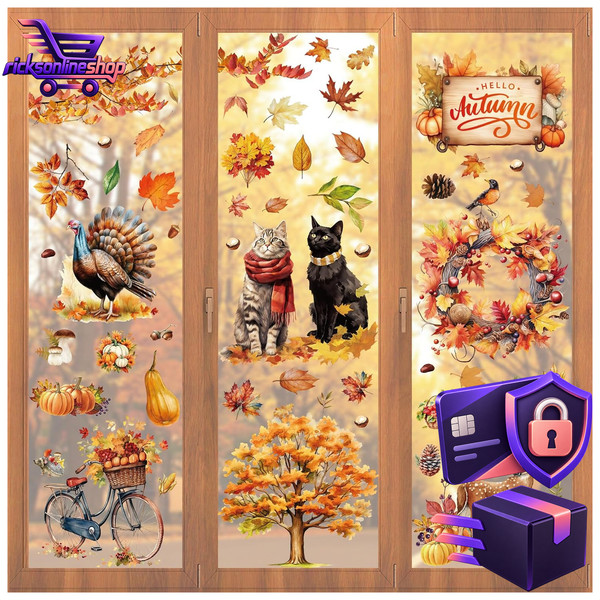 Fensterbilder Herbst 76 StüCk Katze KüRbis Ahornblatt Selbstklebend Deko-image