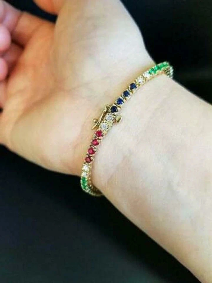10Ct Round Lab Created Ruby Emerald Sapphire Bracelet 925 Silver Gold Plated - Image 3 of 4