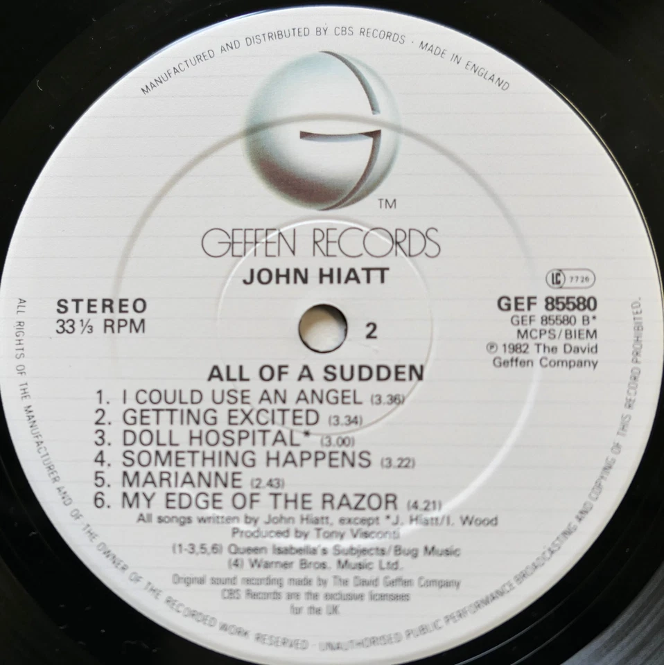 John Hiatt All Of A Sudden 1982 NM Vinyl Geffen GEF 85580 - Image 2 of 4