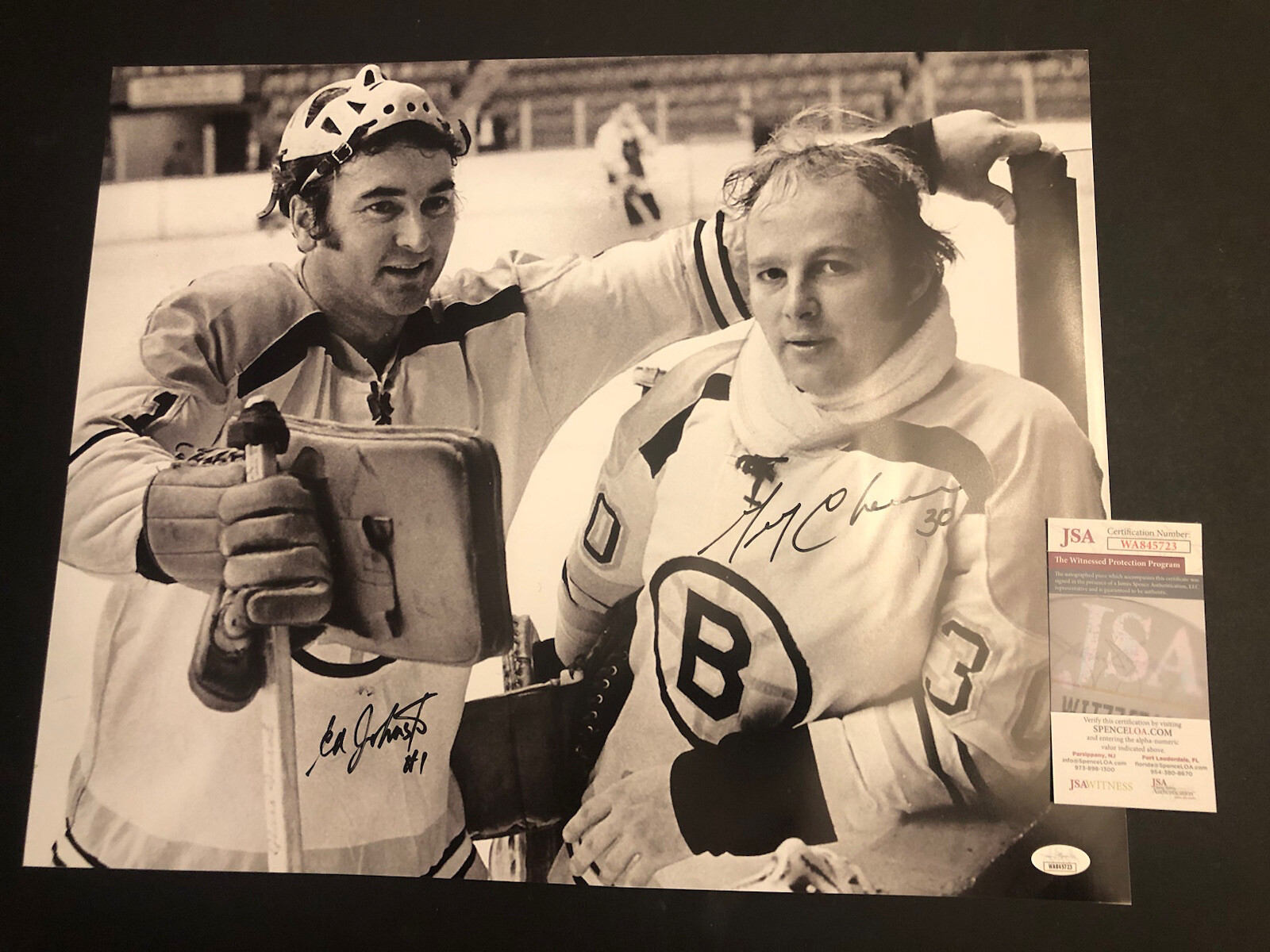 GERRY CHEEVERS / ED JOHNSTON Autographed Signed Boston Bruins JSA GERRY CHEEVERS & ED JOHNSTON 16X20 PHOTO AUTO MASK 723 