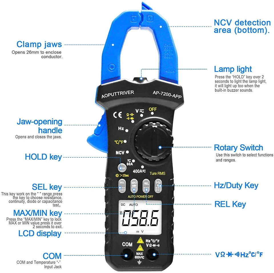 TRMS AC DC Zangen Multimeter Stromzange Zangenamperemeter 6000 zählt Bluetooth - Bild 2 von 4