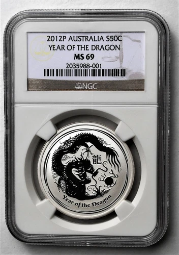 2012 P AUSTRALIA YEAR OF THE DRAGON 50 CENT SILVER COIN - NGC MS69 NGC #001