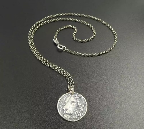 Handmade Unique Antiqued Sterling Silver Lion Head Round Charm Pendant Necklace - Picture 13 of 14