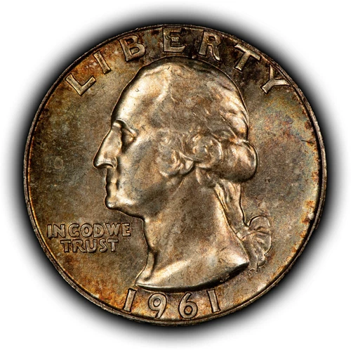 1961 25c Silver Washington Quarter - Watercolor Toning - BU - SKU-Z5672