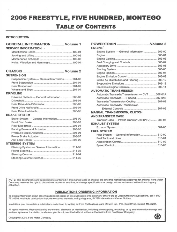 2006 Ford Freestyle, Five Hundred, Mercury Monterey Shop Service Repair Manual - Imagem 2 de 4
