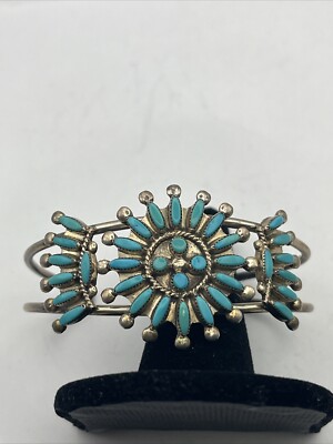 Sterling Silver .925 Turquoise Needlepoint Cuff Bracelet Signed G.E.