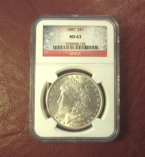 1887 MORGAN DOLLAR 63 NGC *** CERTIFIED MINT STATE MS63 WHITE - RARE FLAG LABEL