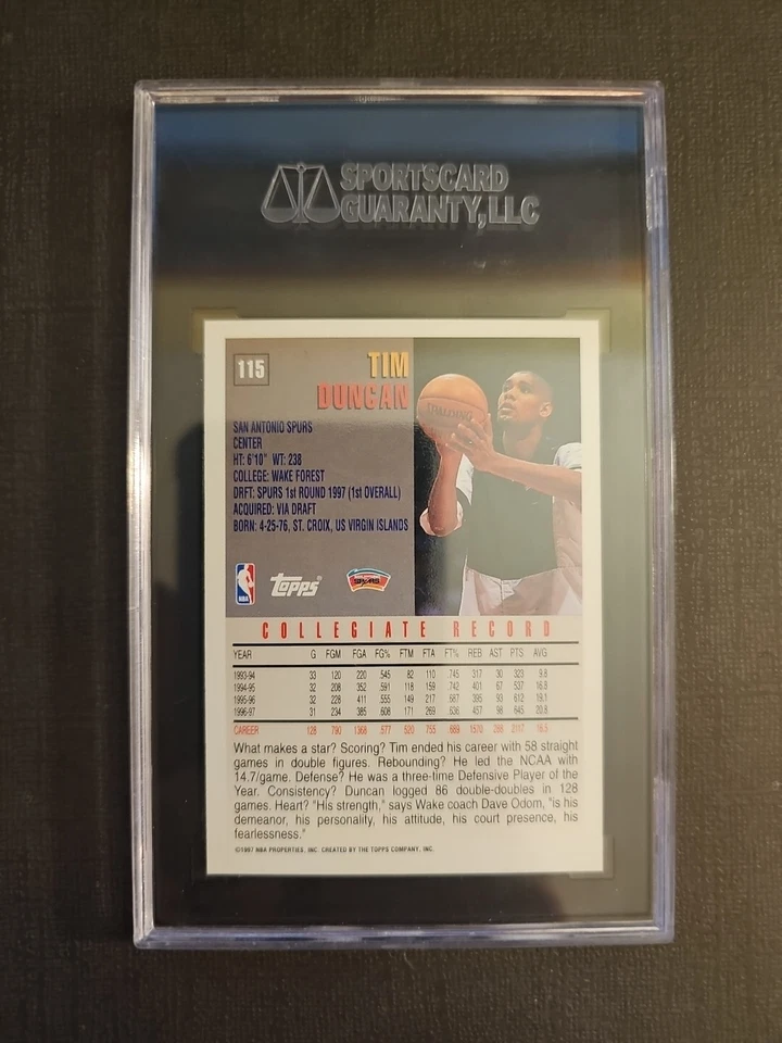 🔥1997-98 Topps Tim Duncan #115 RC Rookie - 1997 SGC 9 como nuevo 🔥 Foto 2 de 2