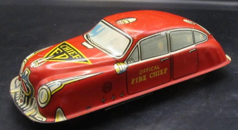 Vintage Marx Tin Official Fire Chief-FD Car Red Friction Wind-Up USA 1-CVS CYS