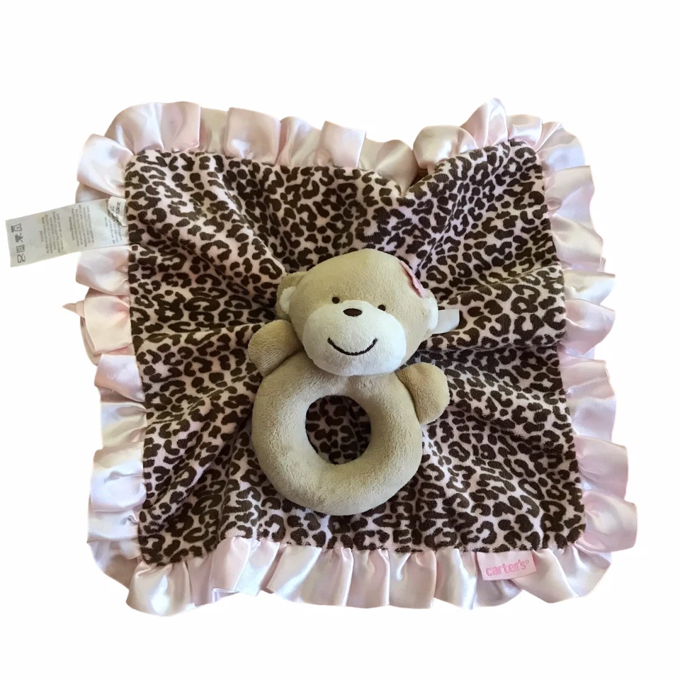 Manta de seguridad Carters Monkey Rattle Lovey rosa estampado de guepardo borde satinado 2012 Foto 3 de 4