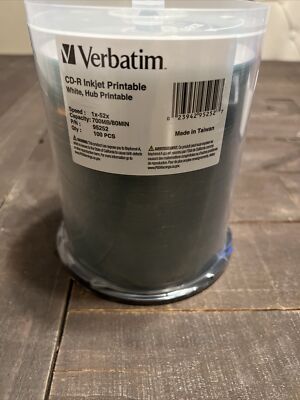 Verbatim CD-R 700MB 52X White Inkjet Hub Printable Recordable Media Disc - 100pk