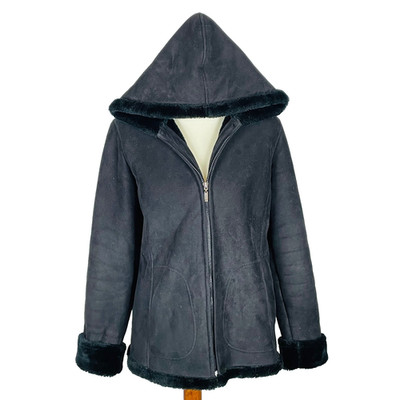 Vintage 90s Y2K Esprit Faux Suede Fur Coat Jacket Sz M Black Hood Penny Lane